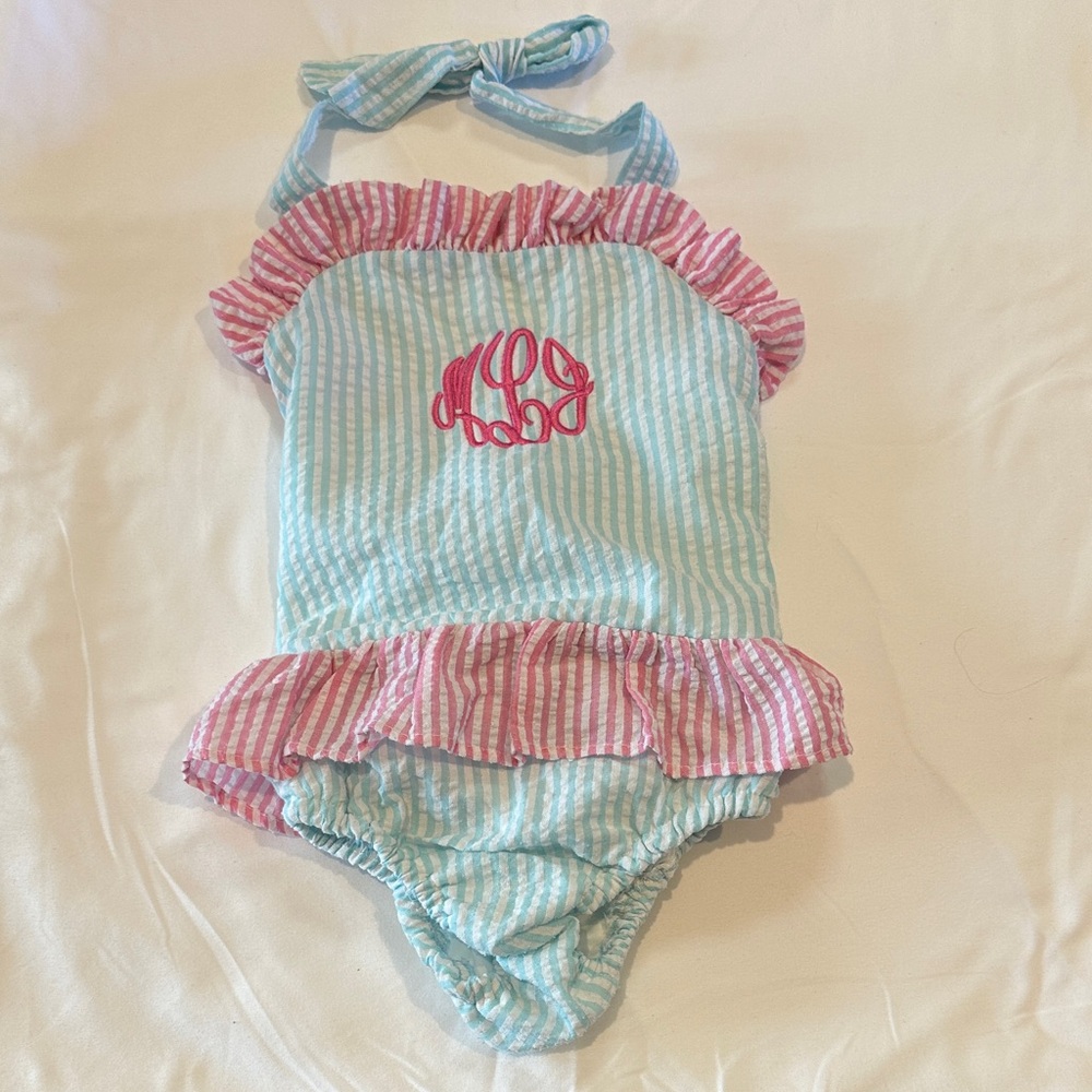 Charming Striped Kids Swim One Piece “MJL” Monogram